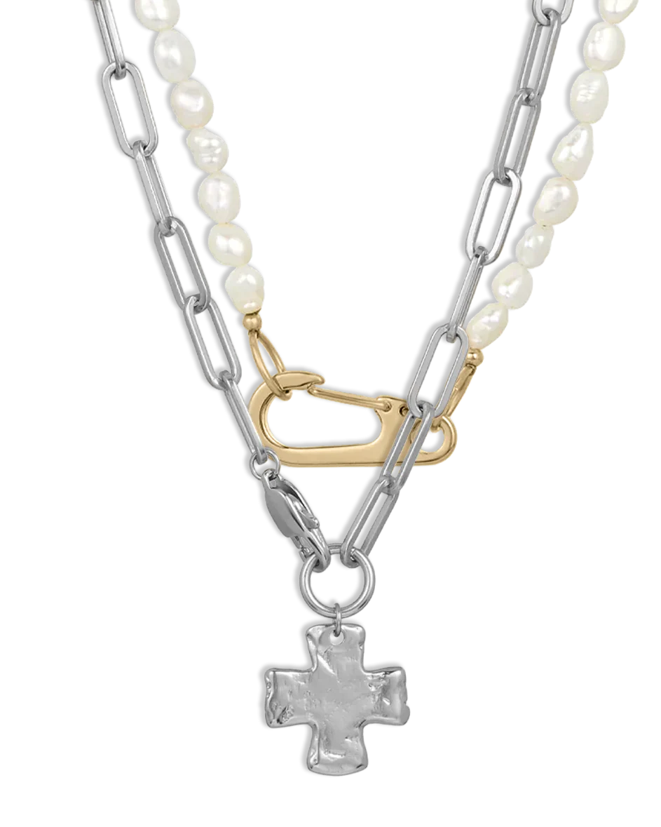 Chunky Cross and Pearl Lock Necklace Set - Mixed Metals - Image 4