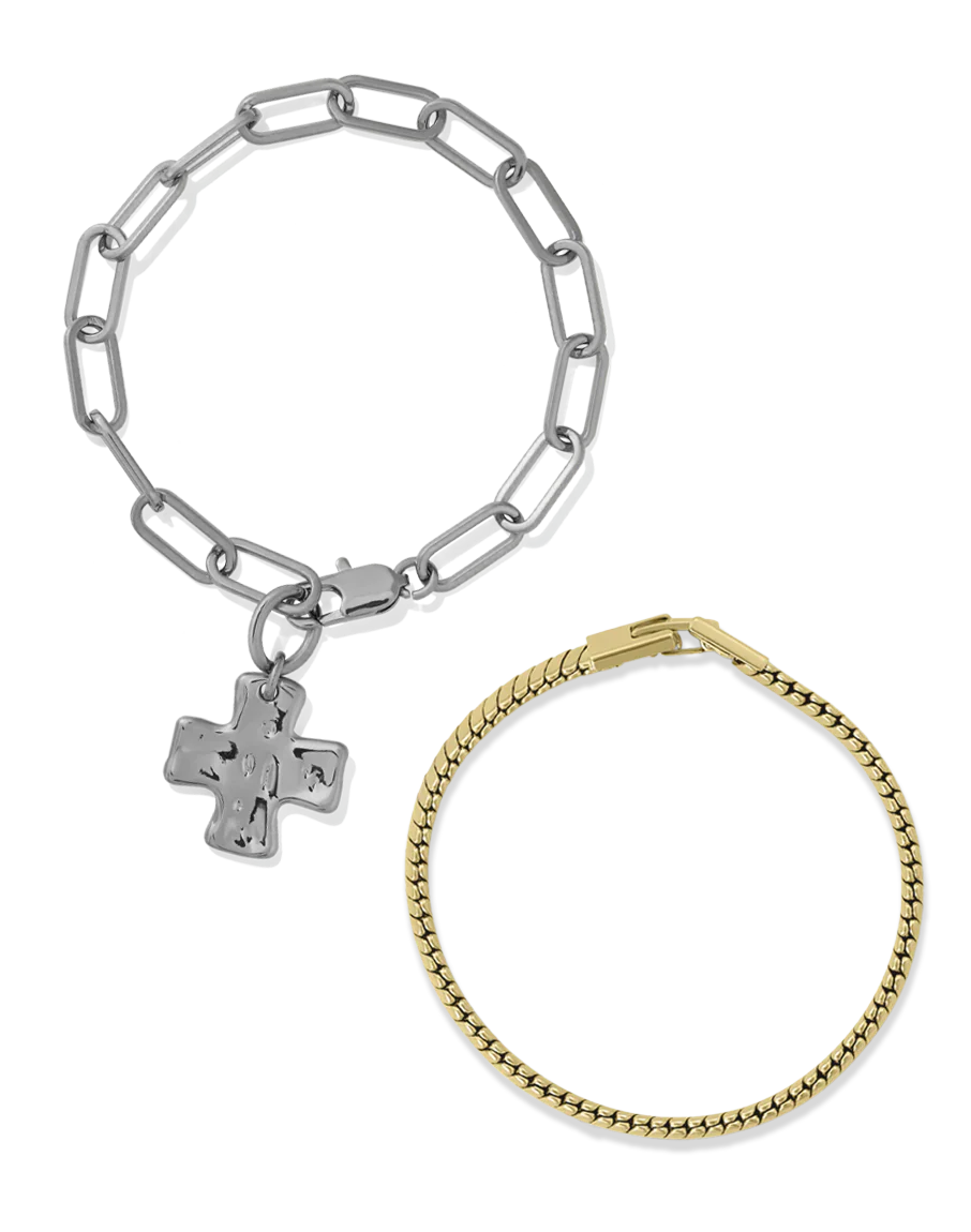 Chunky Cross Bracelet Set - Mixed Metals - Image 3